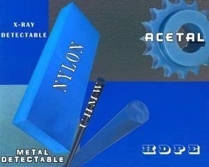 Metal Detectable Plastic and X-Ray Detectable Plastics. Blue Acetal, Blue UHMW, Blue Nylon and Blue Hydex 4101 UD Blue Plastic Rod
